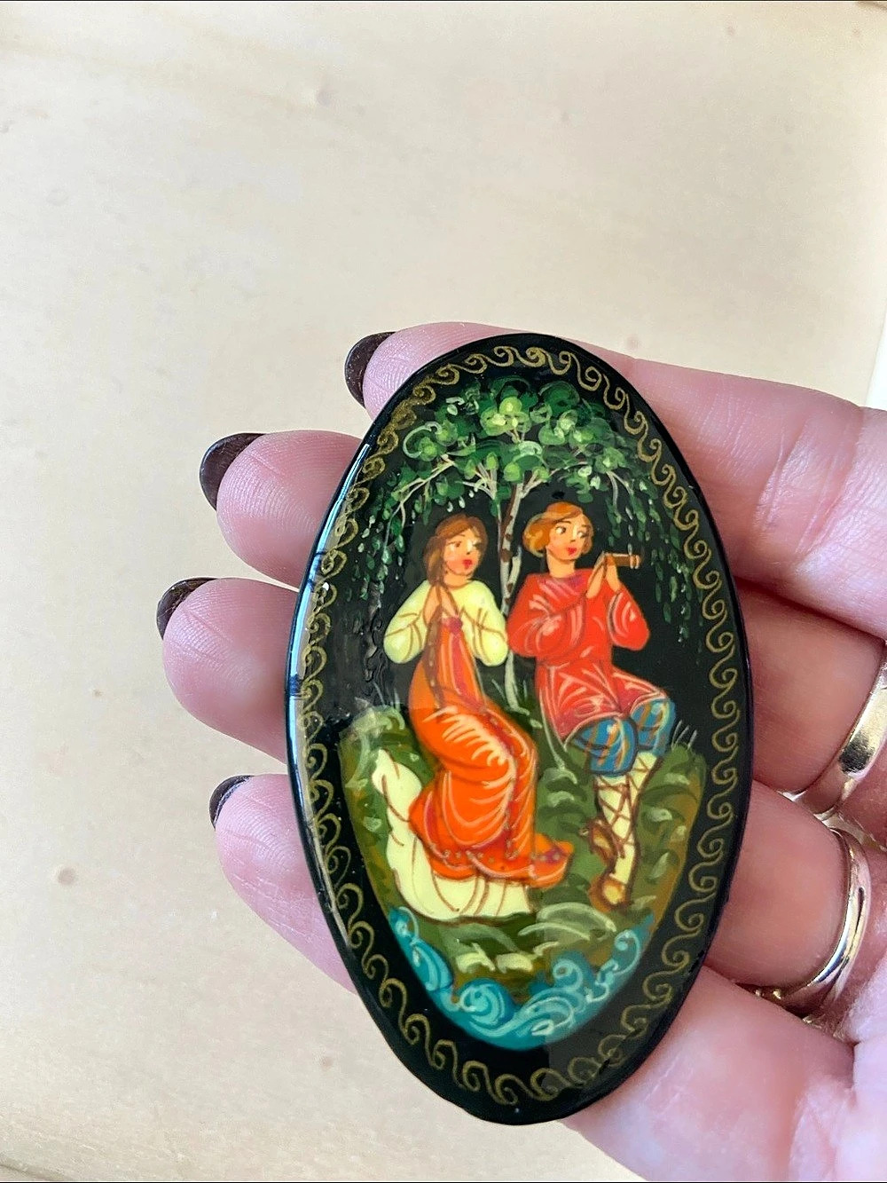 Vintage Russian Soviet Era Lacquered Brooch Pin Artist Signed